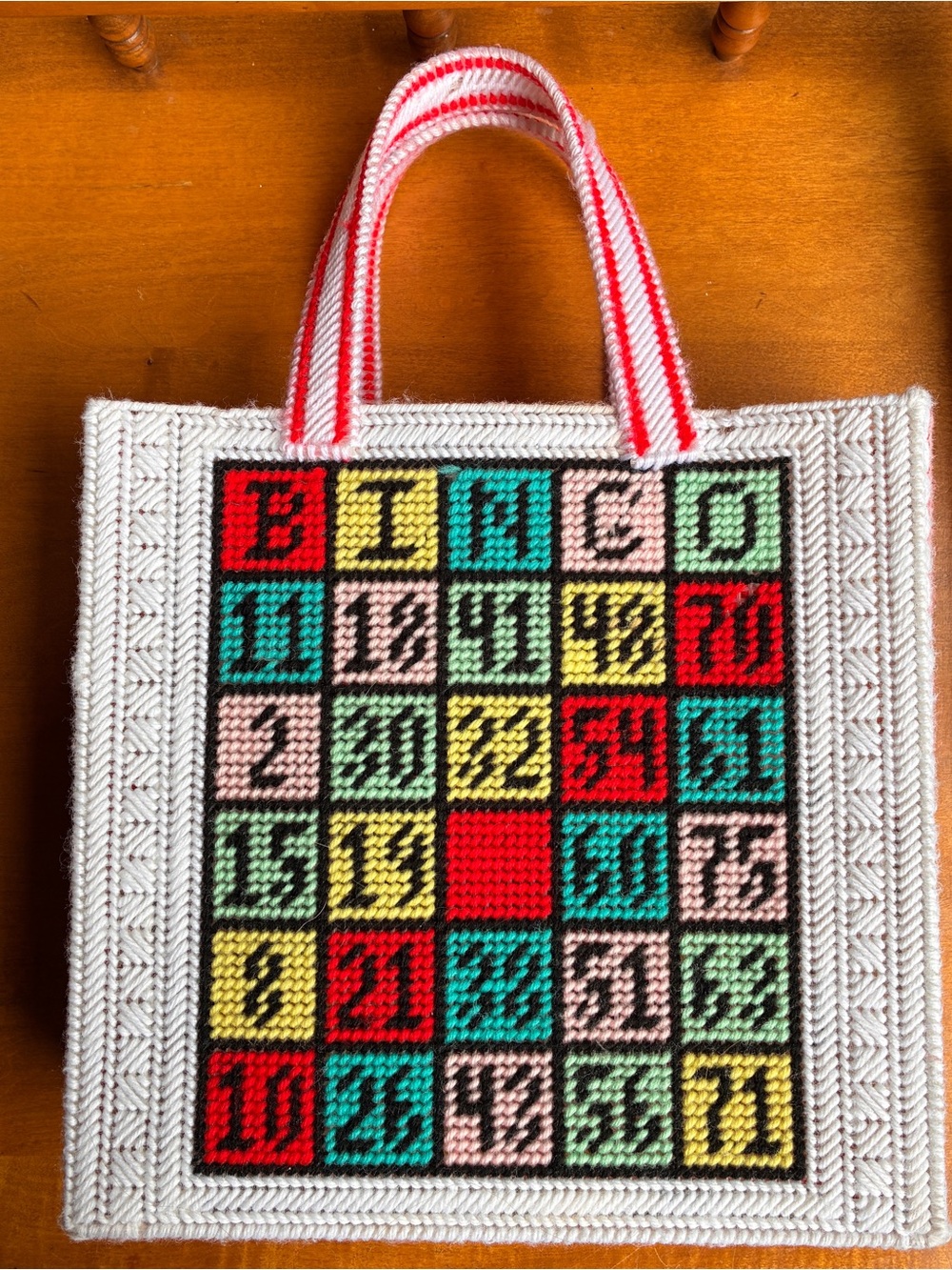 Hand Crafted BINGO Tote with yarn cross-stitch pattern - Picture 2 of 3